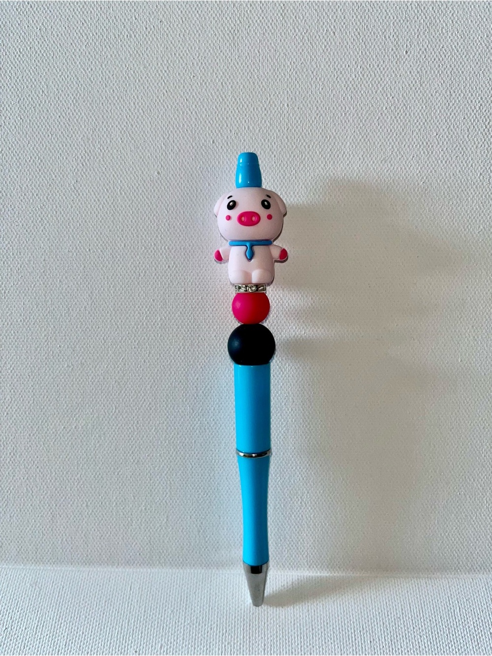 Cute Pig Topped Ballpoint Pen w/Black, Pink and Rhinestone Accents